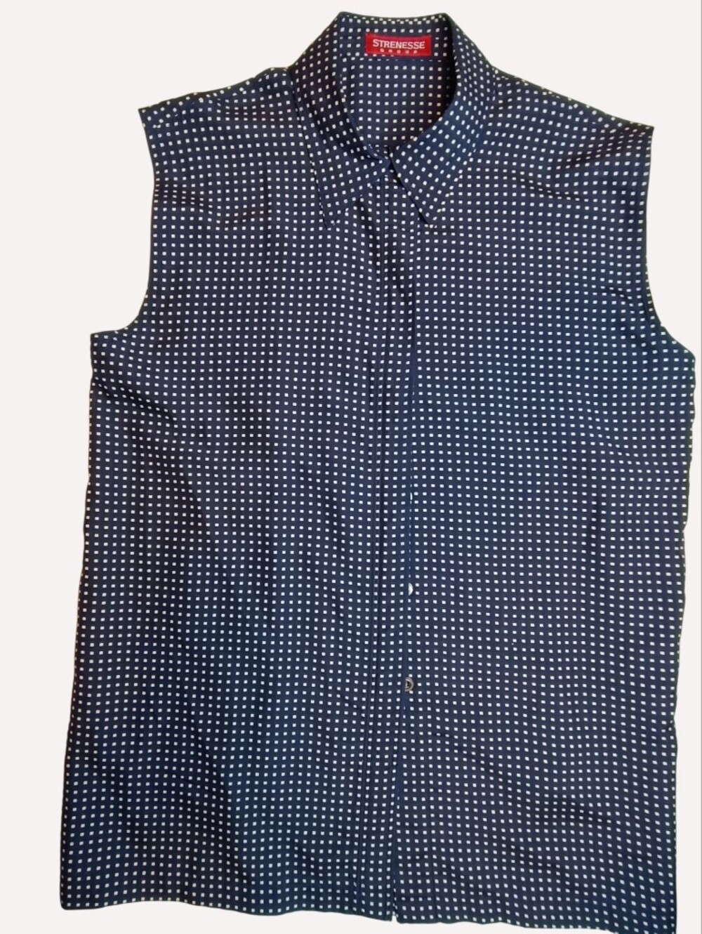 STRENESSE Navy Blue Silk Geometric Micro-Dot Sleeveless Jacket Vest US Size 10